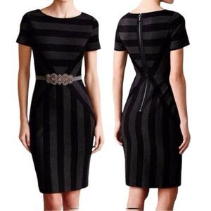 Anthropologie Maeve Dress Size 4 Black Geoplane Grey Stripe Pencil Bodycon Chic